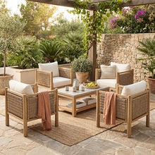 Christopher Knight Home Set of 4 Outdoor Acacia Wood Patio Chairs with PE Wicker Woven Armrests Beige Cushions Outdoor Lounge Armchair Set for Patio Deck Balcony Garden