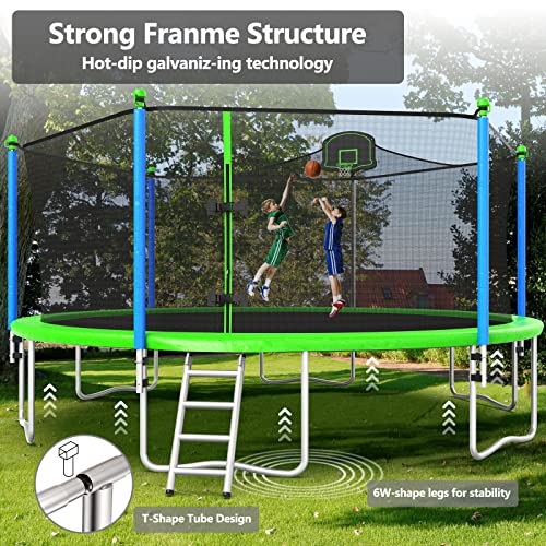 Lyromix Teal Blue Outdoor Trampoline with Basketball Hoop & Sprinkler - 16FT/15FT/14FT