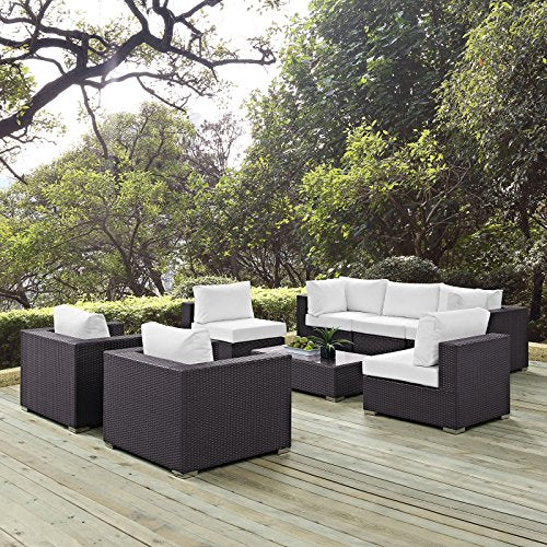 Modway Convene Wicker Rattan 8-Piece Outdoor Patio Sectional Sofa Furniture Set in Espresso White