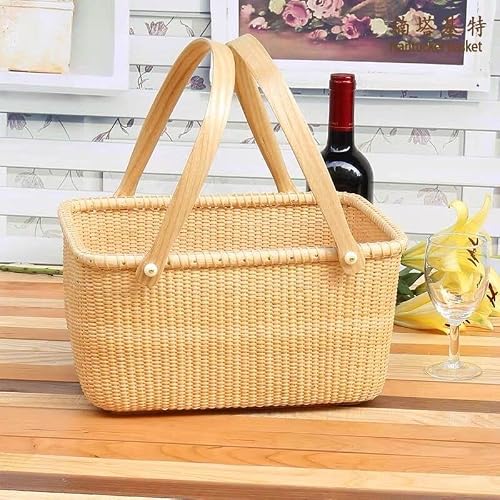 ZYBB Outdoor Rattan Picnic Basket Easter Basket with Handles Solid Wood Handwoven Grocery Basket 33X23x17cm
