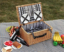 YRHH Rattan Picnic Basket with Lid, 4 Person Handmade Basket with Cutlery, Blue Fruit and Vegetables, for Outdoor Outings, Camping and Hiking