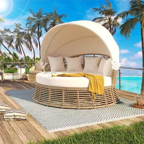 GDFStudio Outdoor Patio Rattan Round Daybed with Retractable Canopy, Wicker Poolside Sofa Sunbed with Removable Cushions, PE Wicker & Iron Frame, Beige, Sturdy Backyard, Porch Loungers