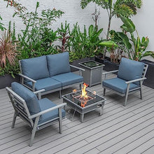 LeisureMod Walbrooke Modern Aluminum 5-Piece Patio Conversation Set with Fire Pit Table Navy Blue