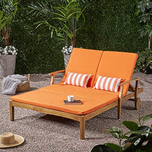 Great Deal Furniture GDFStudio Double Chaise Lounge Acacia Wood Teak Finish Orange Cushions