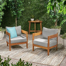 Christopher Knight Home Nadine Acacia Wood Club Chairs Set of 2, Outdoor Accent Chair, Tub Shape Design Armchair, Comfort Cushion Seating, Slat Open Back Reading Sofa for Balcony Garden, Teak+Gray