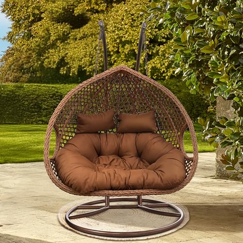 SK CHUMRA Premium 2-Person Hanging Egg Chair with Stand – Bronze Wicker Loveseat with Brown Cushions for Indoor & Outdoor Use (Brown Frame with Brown Cushion)