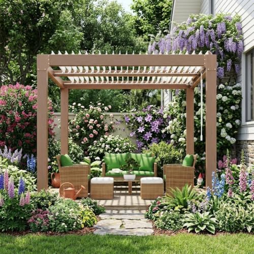 CABIHOME 10' x 10' Louvered Pergola, Outdoor Aluminum Pergola with Adjustable 0°-90° Roof, Reinforced Frame, Hidden Drainage System, Hardtop Gazebo for Patio, Deck, Backyard, Wood Grain