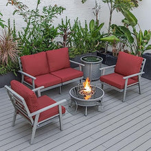 LeisureMod Walbrooke Modern Aluminum 5-Piece Patio Conversation Set with Fire Pit Table Red