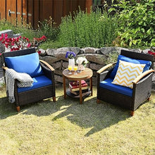 DUYHBAWRS 3PCS Patio Rattan Furniture Set Solid Wood Frame Cushion Sofa Round Table Shelf
