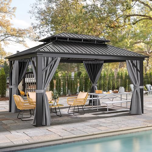 YITAHOME 12x16ft Hardtop Gazebo with Nettings and Curtains Gray