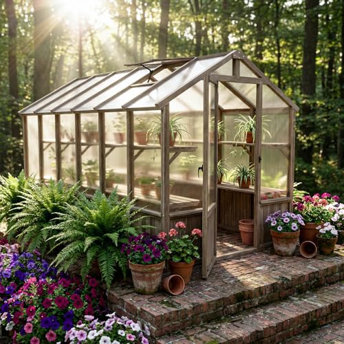 Yardoorife 6x12 FT Greenhouse for Outdoors Cedar Wood Green House with 6MM Polycarbonate Panel & Adjustable Vents Walk in Greenhouses Kit for Outdoor,Backyard,Garden