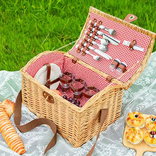 AADECOR Wicker Picnic Basket Set for 4 Persons, Willow Hamper with Liner, Willow Picnic Hamper Basket with Cutlery Service Kits for Camping, Outdoor, Valentine Day, Thanks Giving, Birthday