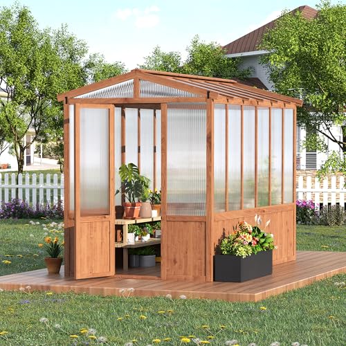 6x10FT Wooden Greenhouse with Cedar Frame, Outdoor Wood Greenhouses with Roof Vent, Wood and Polycarbonate Walk-in Greenhouse