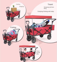 CWENZXDIA Garden Wagon Folding Garden Trolley Cart with Roof Wheels Brake Transport Metal Steel for Camping Utility Cart(Green)