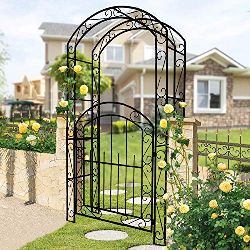 Metal Garden Arch Arbor Garden Arch with Door, 84.6" High x 45.3" Wide Stereoscopic Metal Garden Arbor, Wrought Iron Ornamental Outdoor Estate Entryway, Weddings Quinceaneras Party Decoration 215x115