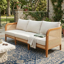 Christopher Knight Home Alala Acacia Wood Outdoor 3 Seater Sofa with Cushions, Solid Wood Patio Sofa with Wicker Accent, Comfy Lounge Sofa for Outdoor Patio Furniture Set, Beige + Teak + Yellow