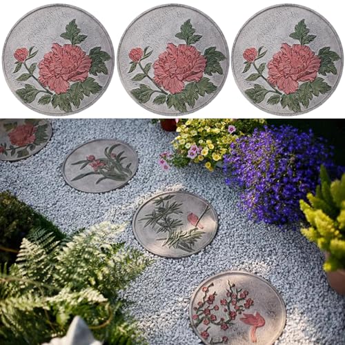 Elitix Stepping Stone Flower Carving Stones Classical Style, Decorative Walkway Stepping Stone for Outdoor Garden Flowerbed, Lawn Step Yard Stones for Pathway(Color:Peony,Size:3 pcs)