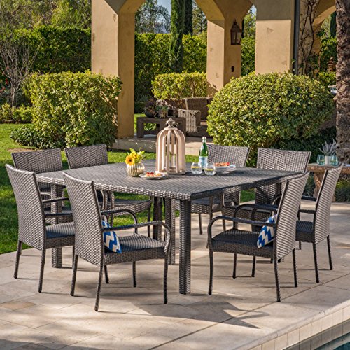 Christopher Knight Home Fiona Outdoor Stacking Wicker Square Dining Set, 9-Pcs Grey