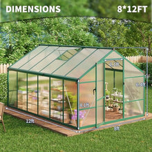 8x12 FT Greenhouse, Polycarbonate Walk-in Greenhouse for Outdoors with Roof Vent & Lockable Outward-Opening Swing Door, Heavy-Duty Aluminum Green House for Garden, Backyard, Patio, Lawn, Deep Green
