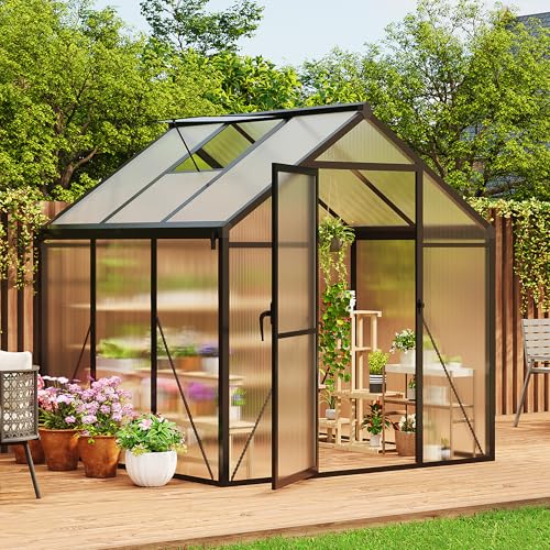 6×6 FT Greenhouse, Large Walk in Greenhouses for Outdoors and Garden Planting, Polycarbonate Greenhouse with Enhanced Aluminum Frame, Green Houses with Quick Setup Structure and Roof Vent, Black