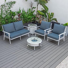 LeisureMod Walbrooke Modern Aluminum 5-Piece Patio Conversation Set with Fire Pit Navy Blue