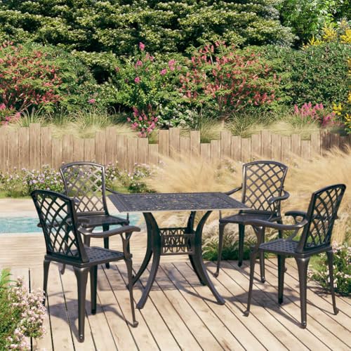 Molumvel 5 Piece Outdoor Bistro Set, Cast Aluminum Dining Patio Furniture, 4 Garden Chairs and Square Table with Umbrella Hole, Black