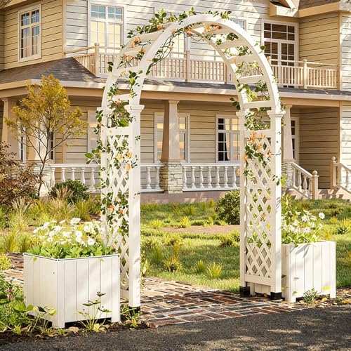 Garden Arbor with 2 Planter, Wooden Outdoor Arch Trellis, 86" H Outdoor Lawn Arch for Climbing Plants for Backyard, Lawn(White)