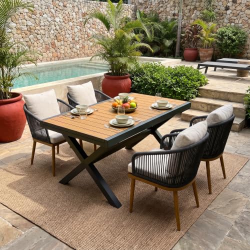 LayinSun Outdoor Patio Dining Set for 5, 60" - 82" Expandable Outdoor Dining Table and 4 Chairs
