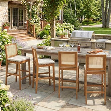Christopher Knight Home Kirkby Outdoor Counter Height Bar Stools Set of 4, Acacia Wood Counter Stools with Wicker Backrest, Patio Bar Chairs with Cushion for Outdoor Bar Table, Teak + Beige + Yellow