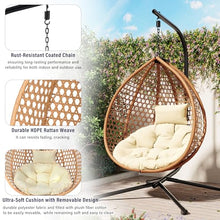 GDFStudio Hammock Chair with Stand, Rattan Weave Hanging Egg Chair with Cushion, Iron Frame Swing Ceiling Chair for Indoor Outdoor Patio Balcony Porch Garden, Patio Furniture, 330lbs, Brown+Beige