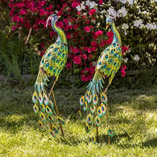 Zaer Ltd. Set of 2, 40" Tall Metal Blue Green Standing Peacocks with Acrylic Crystal Beads