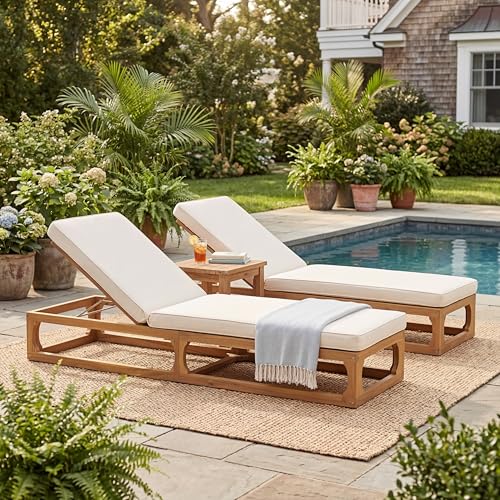Christopher Knight Home Vauz Set of 2 Modern Patio Chaise Lounge Chair Outdoor, Acacia Wood Poolside Sun Lounger with Cushion, Open Frame Pool Lounger with Adjustable Backrest, Natural+Beige