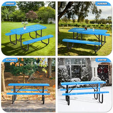 Zumic Thermoplastic Coated Metal Picnic Table Set with Umbrella Hole, Commercial Steel Heavy Duty Camping Table, Dining Furniture for Garden Backyard (Blue, 72IN Rectangular Table-Bulit 2 Benches)