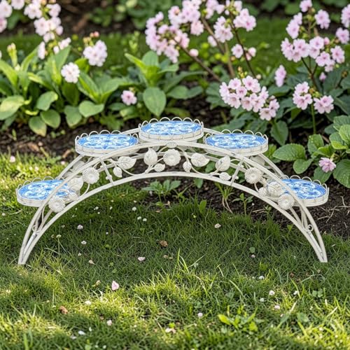 5ft Long Santorini Bridge-Like Iron & Mosaic Plant Stand "Écusson" (White)