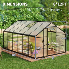 8 x 12 FT Greenhouse, Outdoor Sliding Door, Polycarbonate Greenhouse with Aluminum Frame, Lockable Door and Ajustable Roof Vent for Backyard, Outside Garden Backyard, Patio, Black