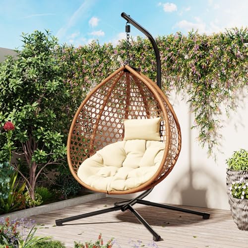 Hanging Egg Swing Chair Stand, Foldable Woven HDPE Basket Seat, Plush Removable Polyester Cushion, Rust-Resistant Chain, Reinforced Iron Base, Non-Slip PP Pads, Indoor Outdoor Lounger (Brown+Beige)