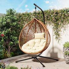 Hanging Egg Swing Chair Stand, Foldable Woven HDPE Basket Seat, Plush Removable Polyester Cushion, Rust-Resistant Chain, Reinforced Iron Base, Non-Slip PP Pads, Indoor Outdoor Lounger (Brown+Beige)