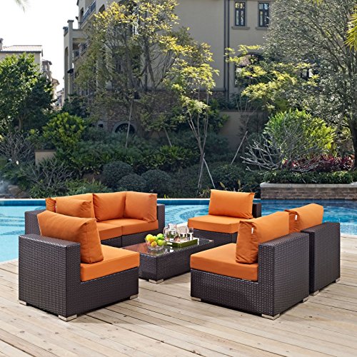 Modern Contemporary Urban Design Outdoor Patio Balcony Seven PCS Sectional Sofa Set, Orange, Rattan