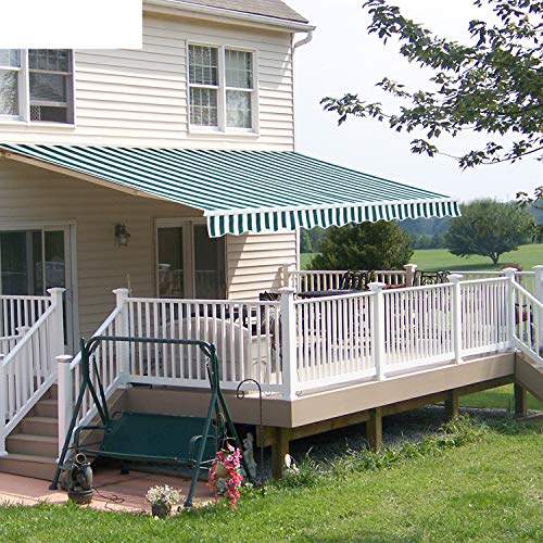 Diensweek 12'x10' Patio Awning Retractable, Fully Assembled Manual Commercial Grade - Quality 100% 280G Ployester Window Door Sunshade Shelter - Deck Canopy Balcony P100 Series (Green/White Stripes)