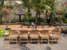 WholesaleTeak New 13 Pc Luxurious Grade-A Teak Dining Set 122" Caranasas Double Extension Rectangle Table, 12 Lua Stacking Arm Chairs #WHDSLUf