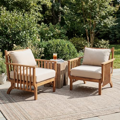 Christopher Knight Home Acacia Wood Outdoor Patio Club Chair Set of 2, Mid Century Modern Deep Seating Lounge Chairs with Armrests, Cushions & Back Pillows for Porch Balcony Backyard, Natural+Beige