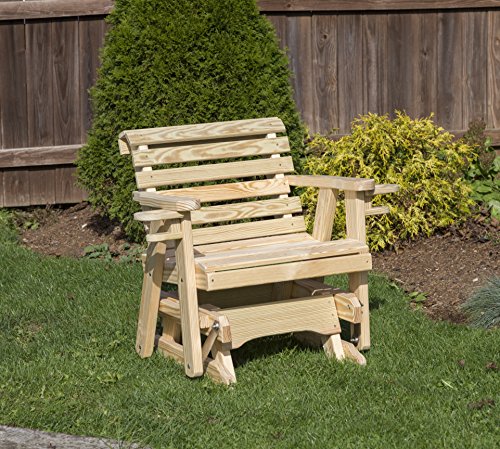 Ecommersify Inc Amish Heavy Duty 600 Lb Roll Back Pressure Treated Porch Patio Garden Lawn Outdoor Glider Chair with Cup Holders-2 Feet-Natural-Made in USA