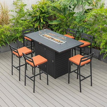 LeisureMod Chelsea 1 Bar Height Fire Pit Table & 6 Bar Chairs Orange Cushions, 50,000 BTU Fire Pit Dining Table Set, Powder-Coated Aluminum Patio Dining Set, Removable Olefin Covers