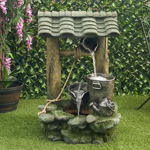 Alpine Corporation WIN1250 39" Water Well Fountain with LED Lights – Serene Outdoor Waterfall Water Feature for Garden, Patio, and Lawn, Cascading Water Flow, Green