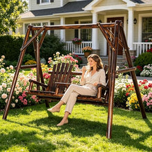 2-Seat Wooden Porch Swing with Stand, Outdoor Patio Swing Chair with Center Table & Adirondack Style Seats, Heavy Duty Solid Fir Log A-Frame, 650 lbs Capacity for Garden Backyard Deck