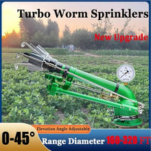 Farm Irrigation Sprinkler, 2" Agricultural Tripod Sprinkler with Pressure Gauge, 0°-45° Elevation Angle Adjustable, 360° Automatic Rotation, for Large Area Farmland Irrigation, Dust Removal
