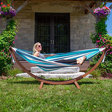 Vivere Double Premium Outdoor Fade and Weather-Resistant Hammock with Solid Pine Arc Stand - 450 lb Weight Capacity (Token Surfside)
