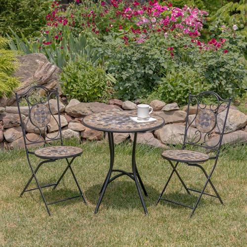 Zaer Ltd. Mosaic Tile Furniture with Black Metal Frame and Patterned Tile Tops (Medora - Black/Stone/Gray, Bistro Set (2 Chairs, 1 Table))