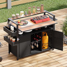 52.8"W Outdoor Grill Cart with Poly-Wood Top, Drop Leaf, Wine Rack, Spice Racks, Steel Frame and Wicker Weave Surface, Rolling Kitchen Island for Garden, Patio, Backyard, Poolside Cooking (Black)