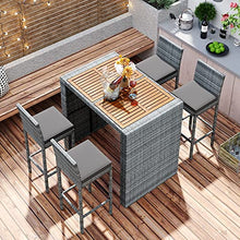 5-Piece Outdoor Wicker Bar Set with Acacia Wood Table and 4 Bar Height Chairs, Removable Cushions, Non-Slip Feet, Rope Secured Seating, Patio, Balcony, Garden, Poolside, Brown Wood Gray Wicker